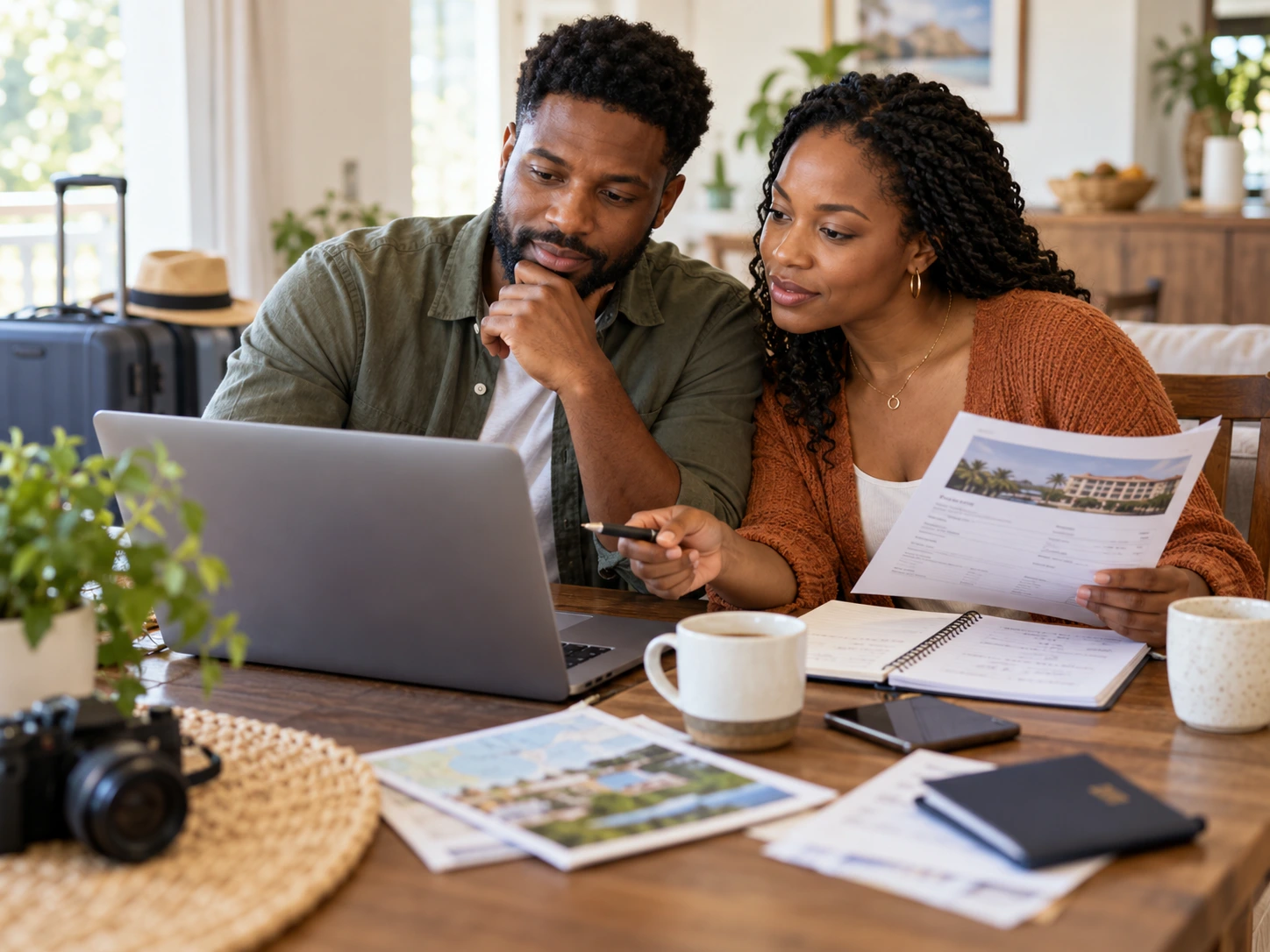 Couple reviewing a hotel booking on a laptop with reservation documents nearby