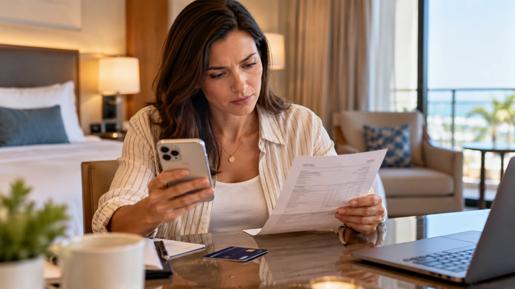Hotel guest comparing a printed hotel bill with charges on a smartphone while seated at a hotel room desk