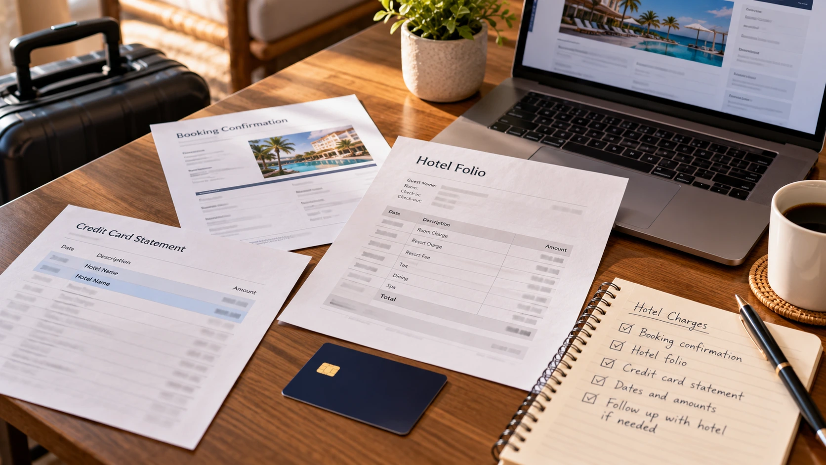 Hotel booking confirmation, folio and credit card statement arranged with notes on a desk