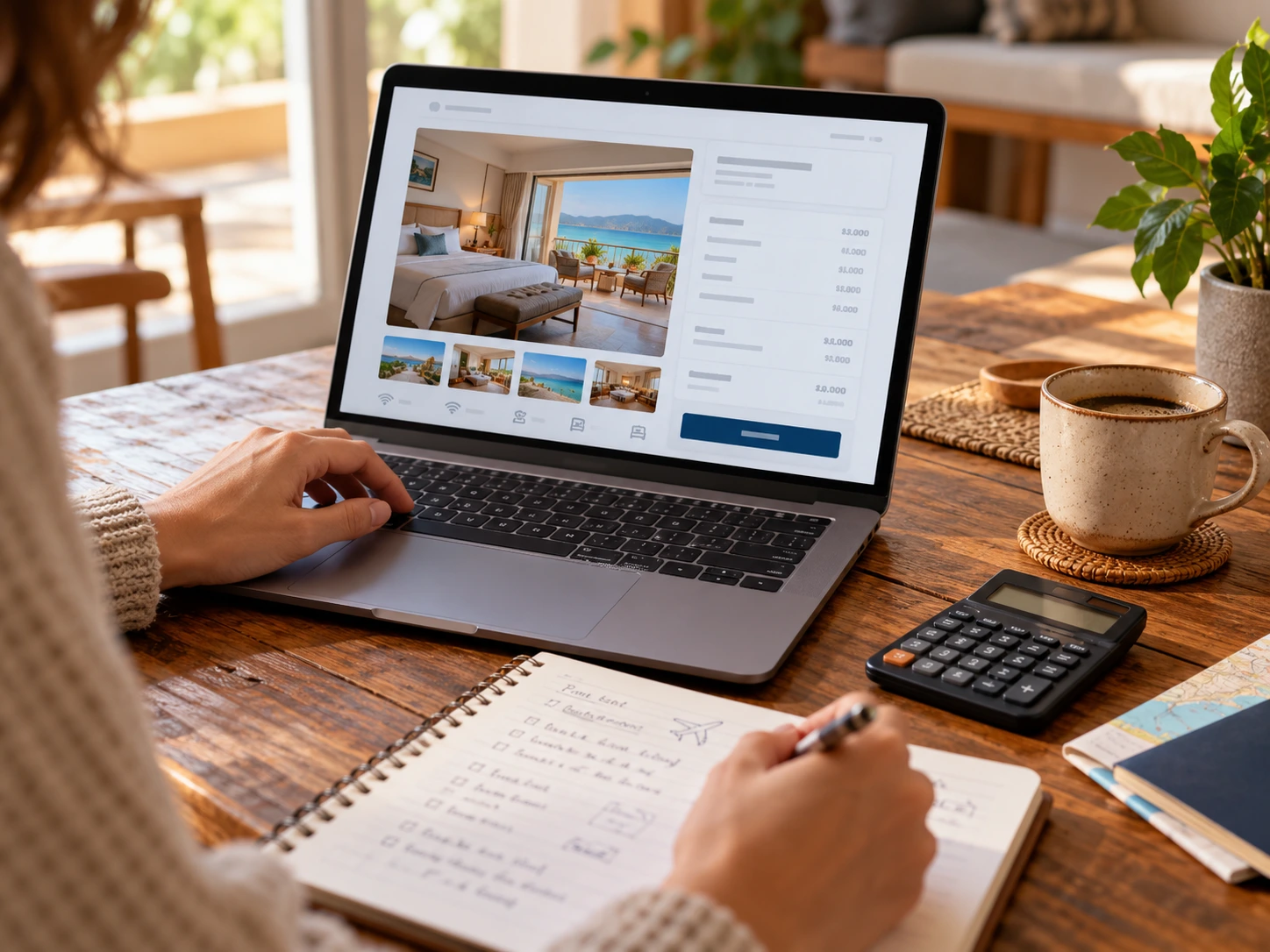 Traveler checking hotel booking total on a laptop using a calculator and handwritten notes