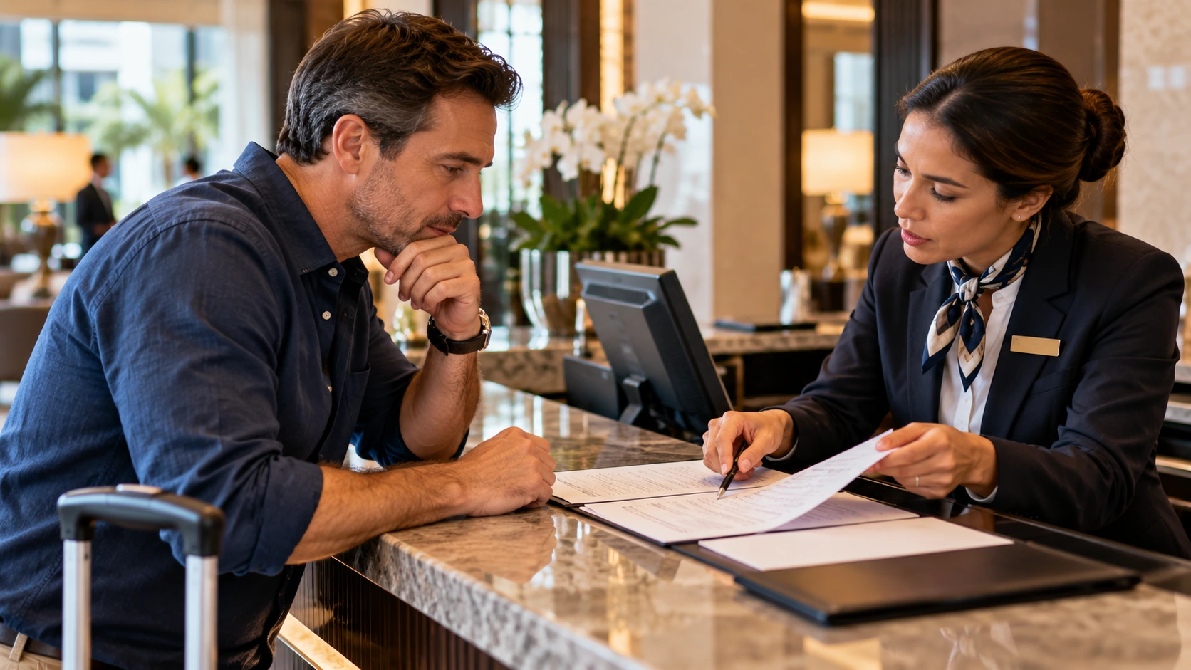 Hotel receptionist pointing out itemized bill details while explaining unexpected hotel charges to a guest at the front desk