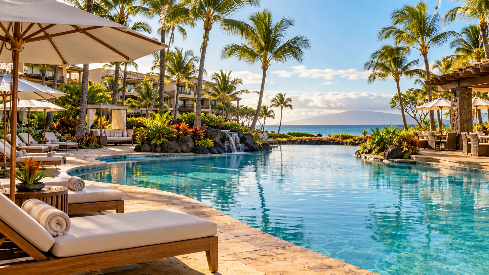 Tropical beachfront resort with swimming pool loungers umbrellas palm trees and ocean view