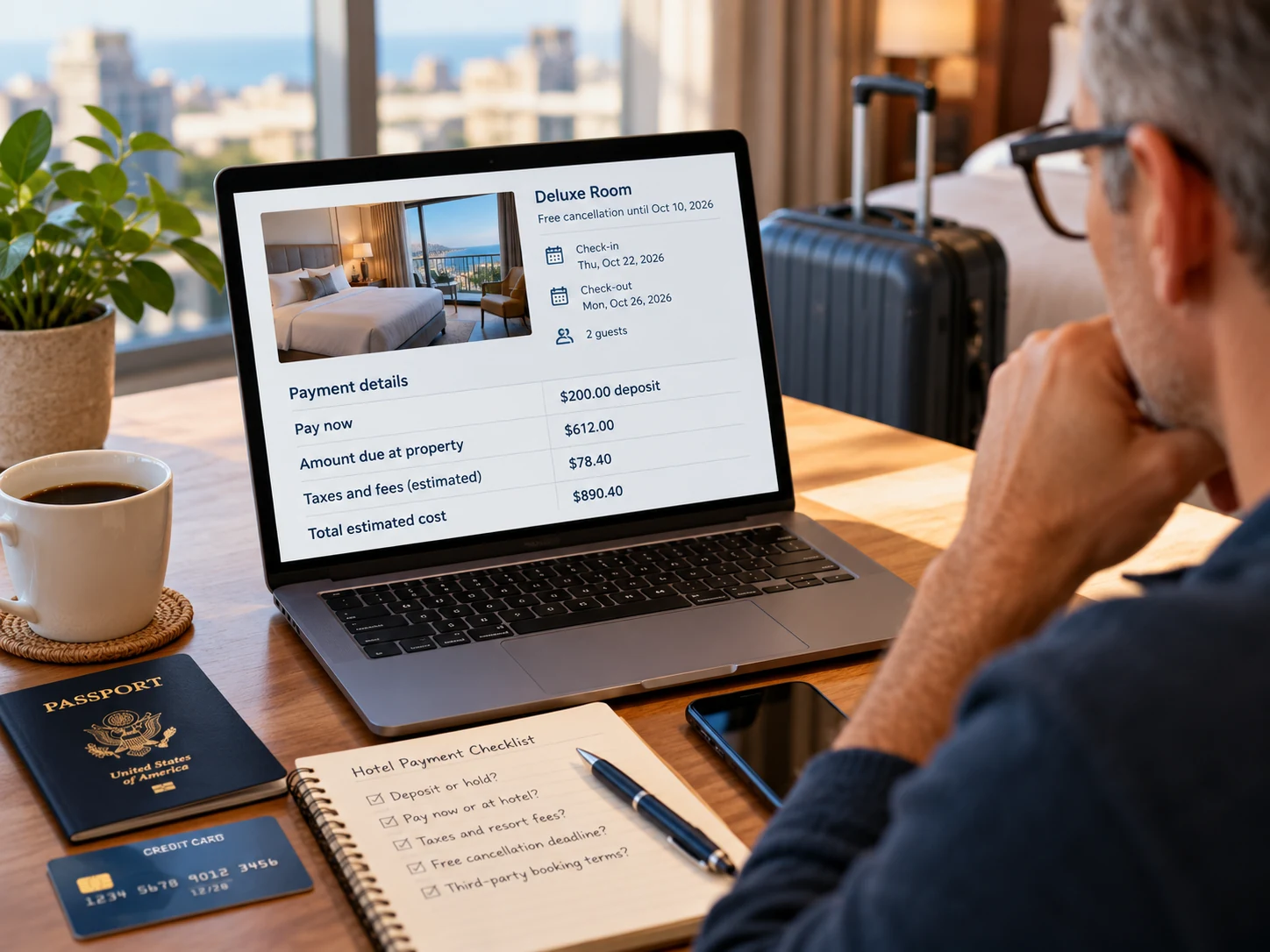 Traveler reviewing hotel payment details, deposit terms, fees, and cancellation information before a trip