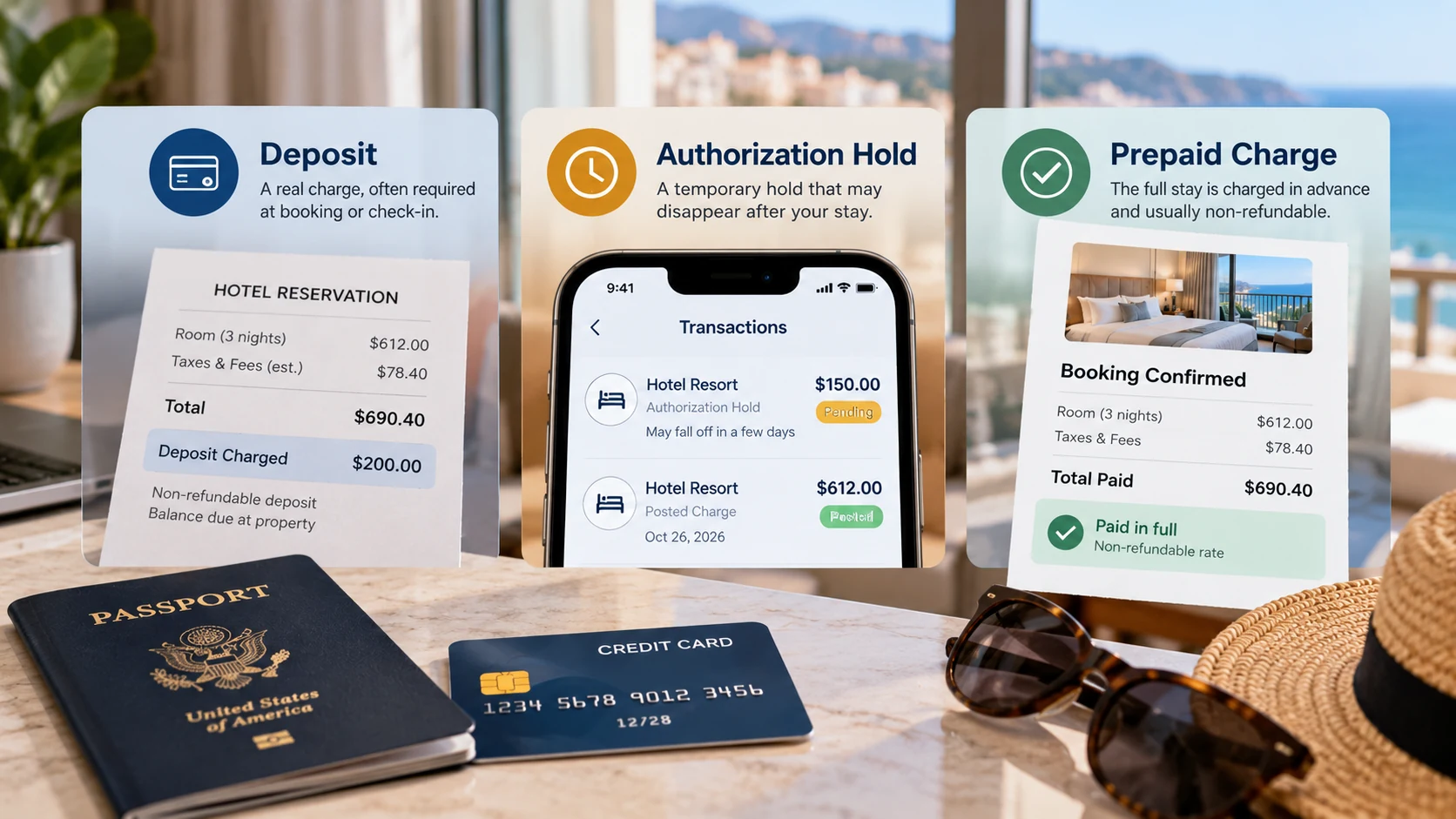 Comparison of a hotel deposit, authorization hold, and prepaid hotel charge