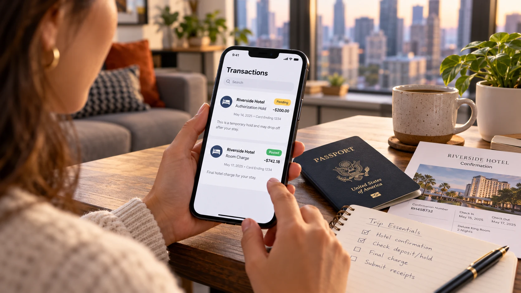 Traveler reviewing pending and posted hotel charges on a banking app after a stay