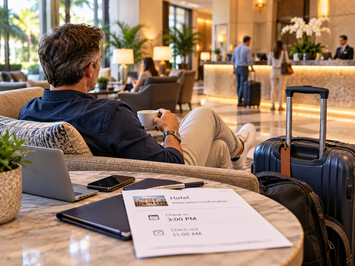 Traveler waiting in a hotel lounge with luggage before the room is ready