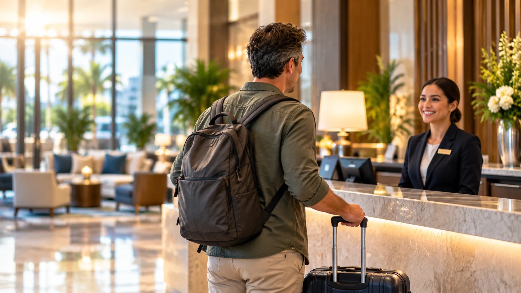 Traveler arriving early at a hotel front desk with luggage before standard check-in time