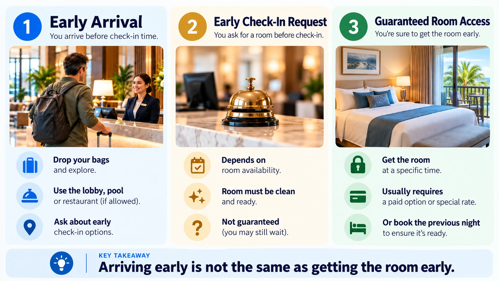 Early arrival, early check-in request, and guaranteed hotel room access compared side by side