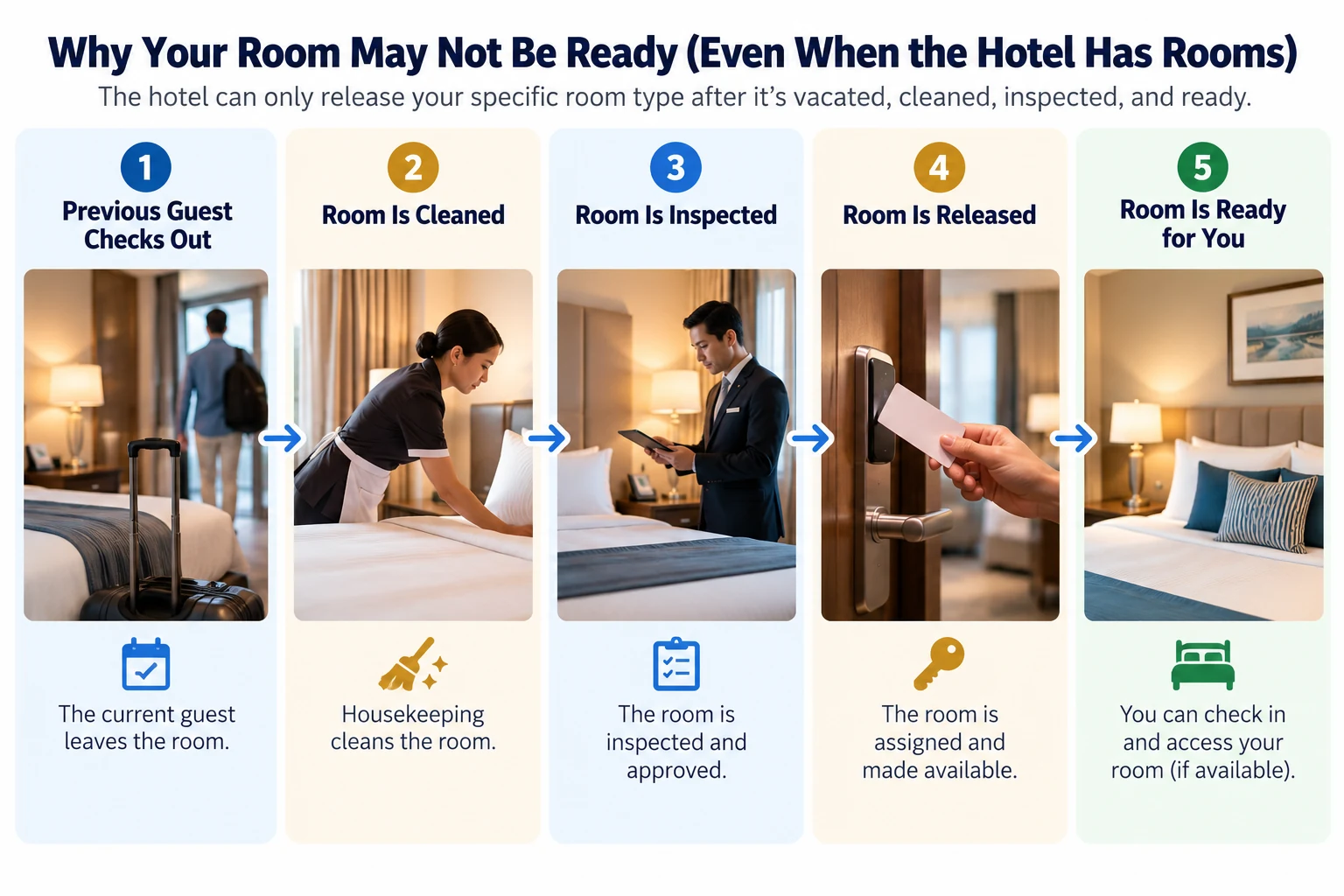 Hotel room readiness process from guest checkout through cleaning, inspection, release, and final room access