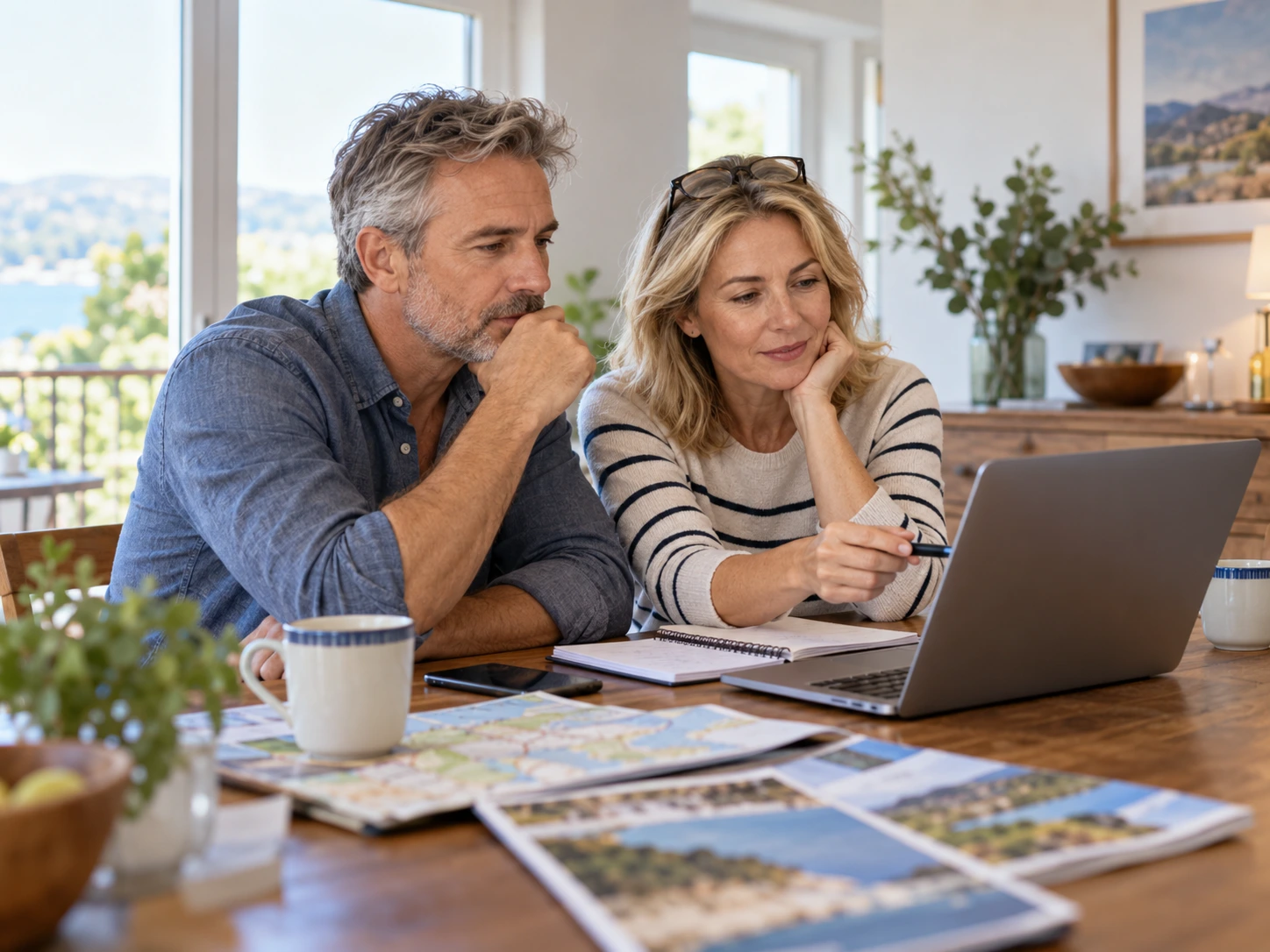 Couple in their 50s comparing hotel room options on a laptop with notes and travel materials nearby