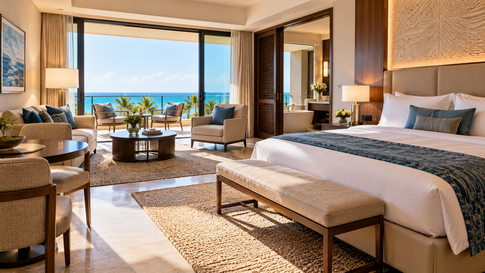 Spacious ocean-view hotel suite with king bed balcony and separate seating area