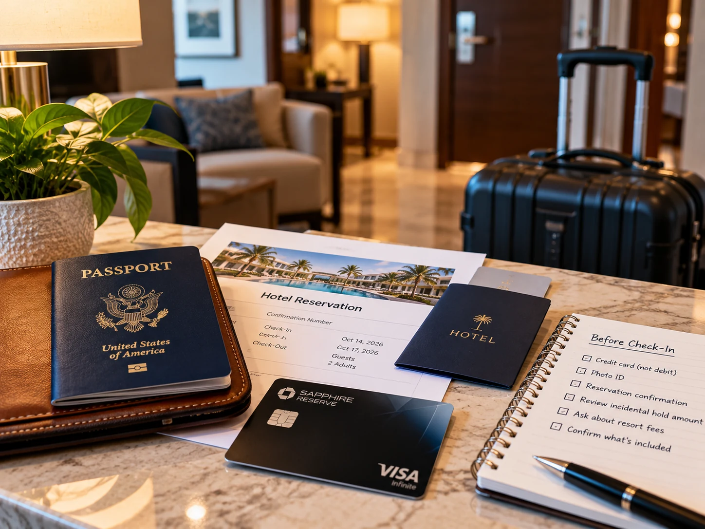 Hotel check-in essentials with credit card, passport, reservation confirmation, and luggage