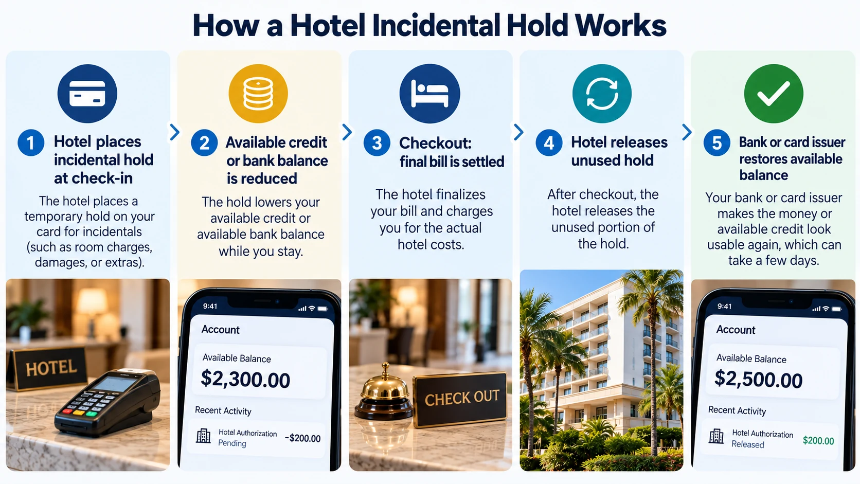 Hotel incidental hold process from check-in authorization through release and restored available balance