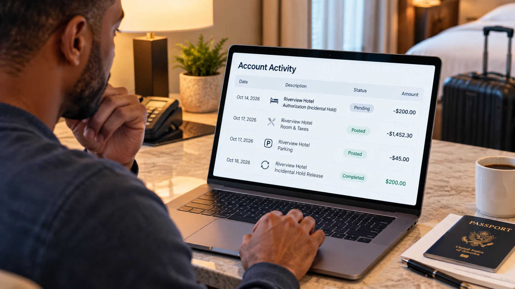 Traveler reviewing a pending hotel incidental hold, posted hotel charges, and a released authorization