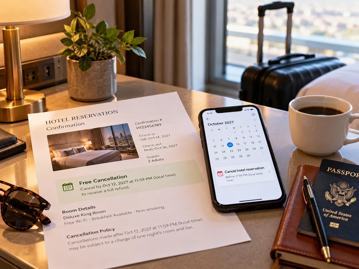 Hotel confirmation and smartphone reminder showing a cancellation deadline