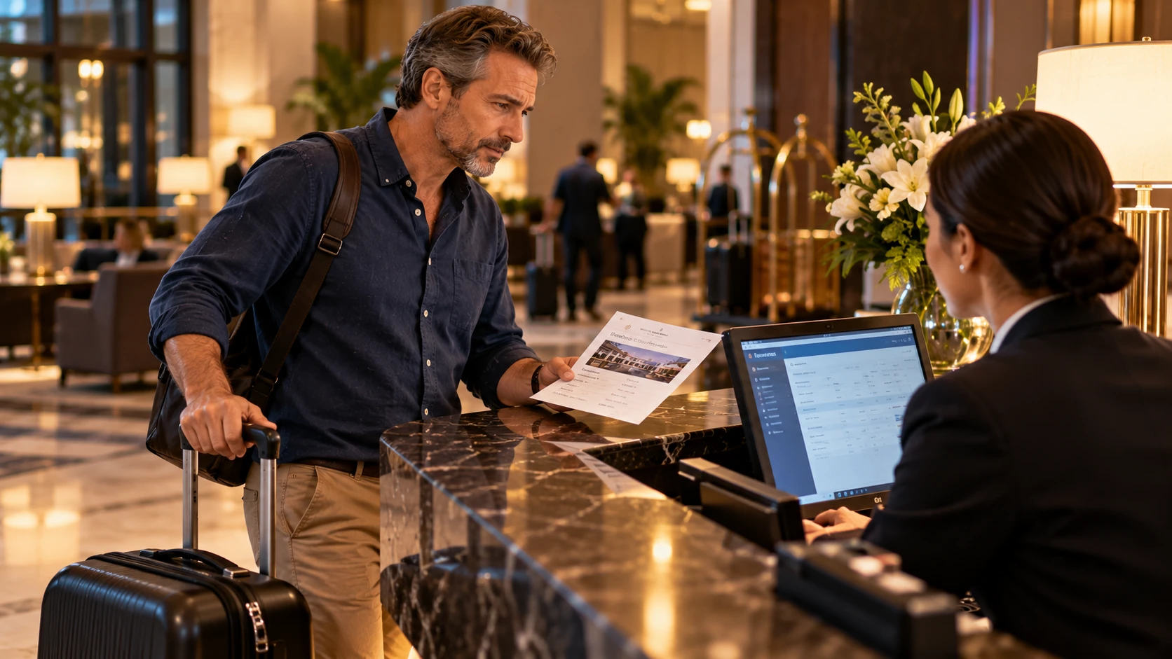 Traveler discussing a missed check-in and hotel reservation with a receptionist at the front desk