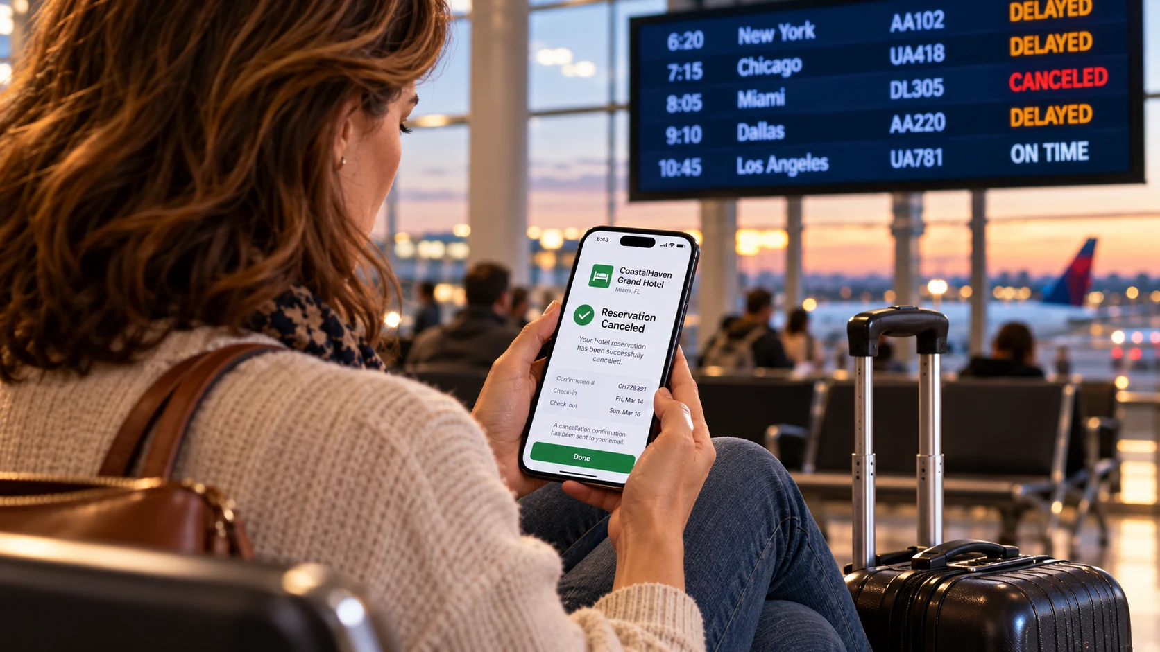 Over-the-shoulder view of a traveler checking a hotel cancellation confirmation at an airport