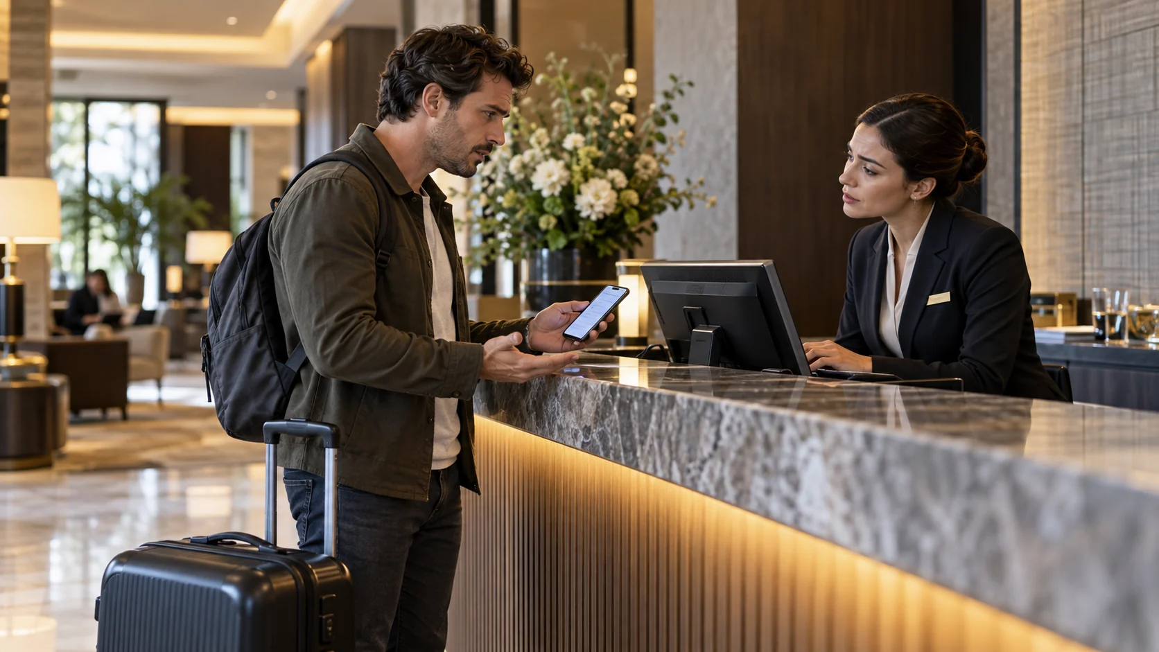 Traveler speaking with a hotel front desk agent about a confirmed reservation when the booked room is unavailable