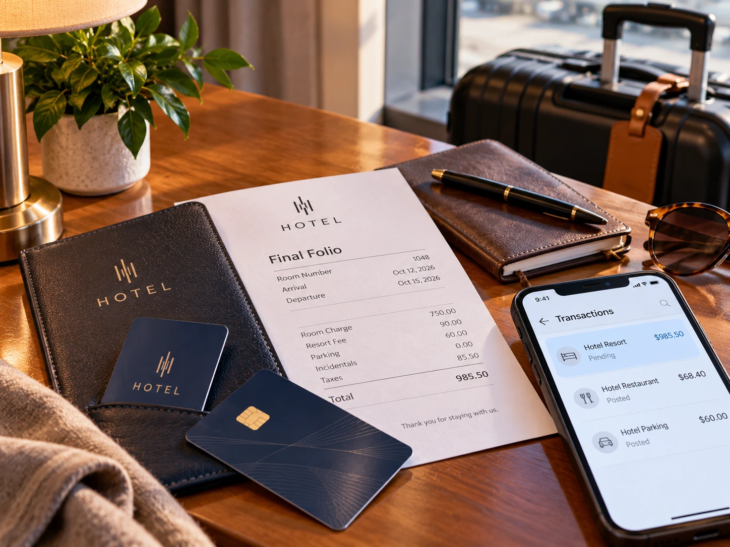 Hotel folio, room key, credit card and smartphone showing pending and posted transactions on a travel desk