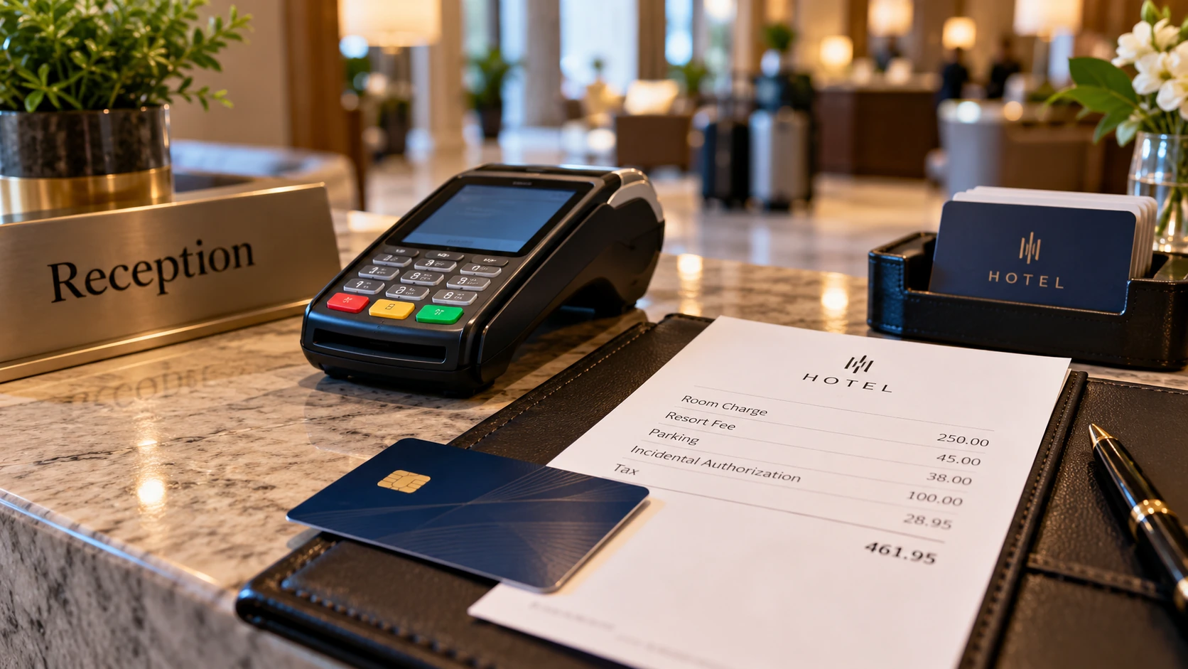 Hotel front desk payment terminal, hotel folio and card used for a temporary hotel authorization