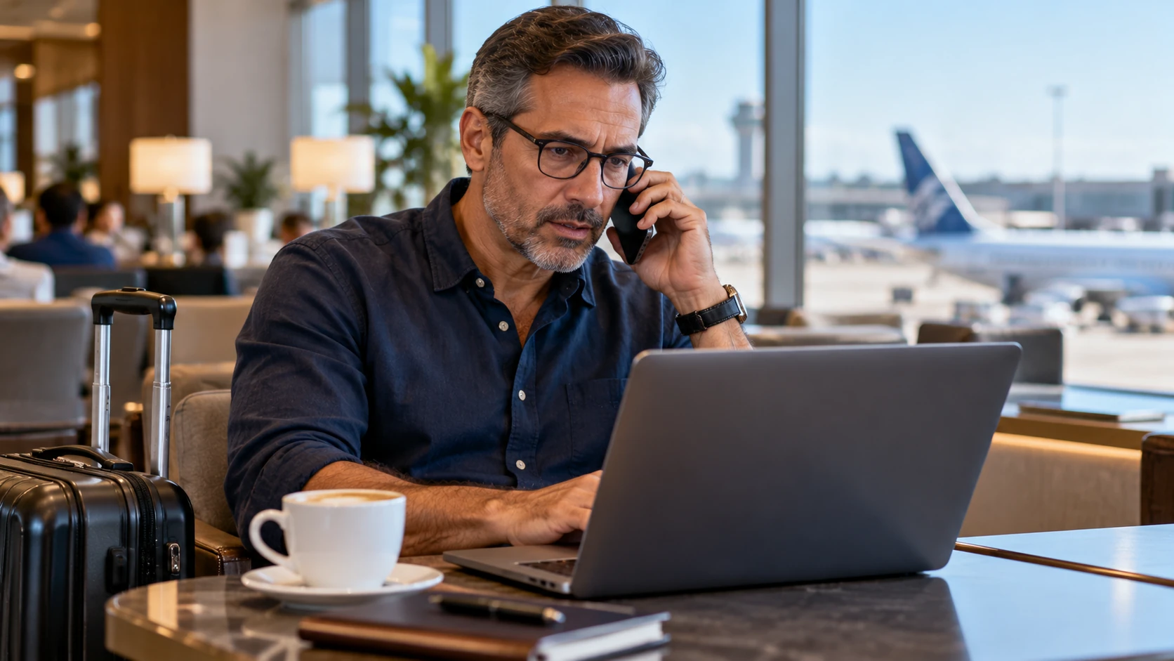 Traveler using a laptop and speaking to a card issuer on the phone from an airport lounge