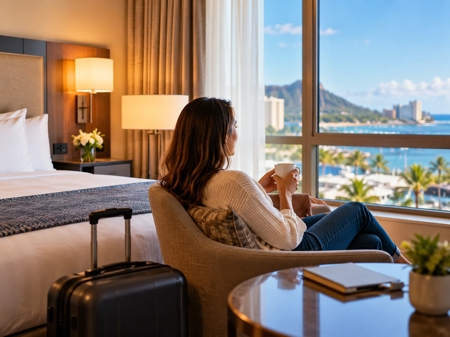 Traveler relaxing in a hotel room after check-in with luggage nearby and a city-and-water view outside