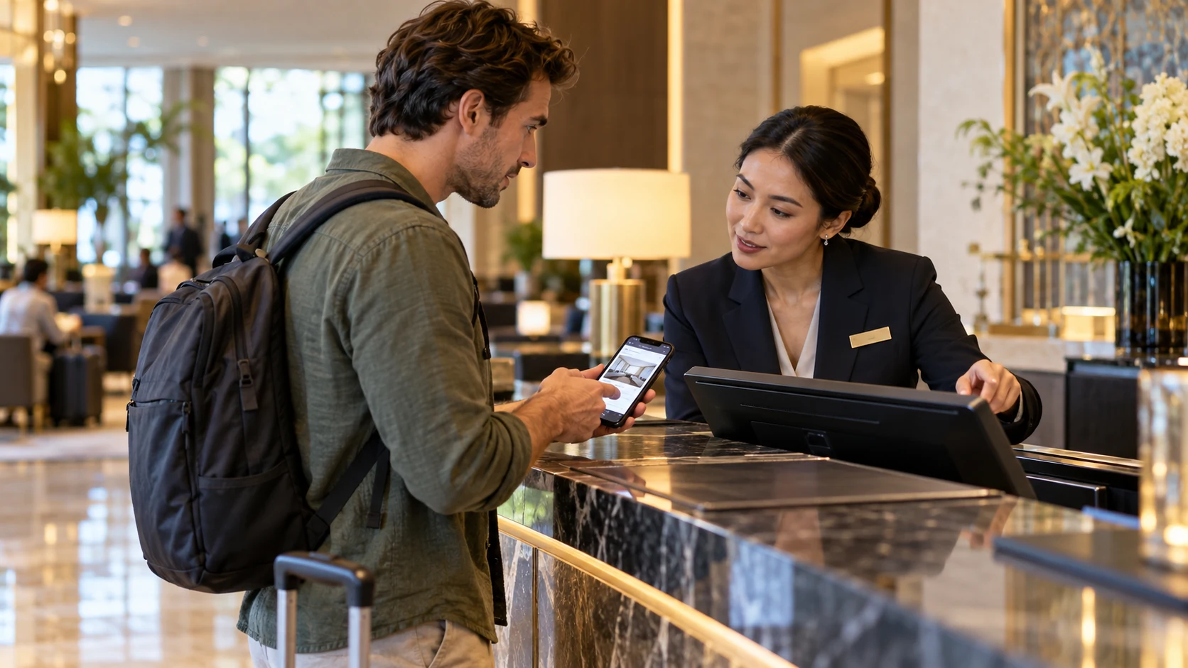 Traveler reviewing hotel reservation details with a front desk agent during check-in