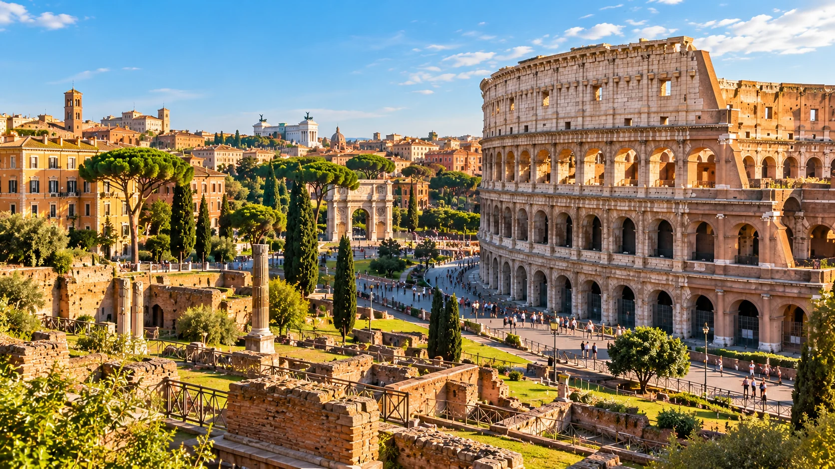 Illustrative panoramic view of the Colosseum and ancient Roman ruins in Rome
