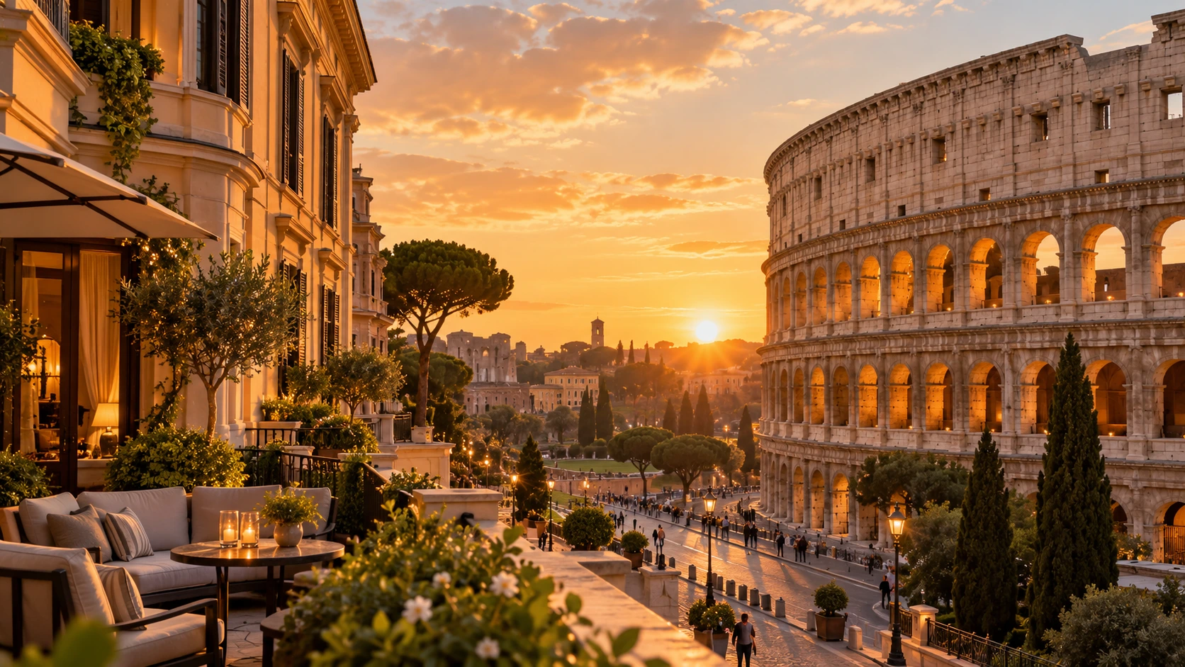 Illustration of an elegant terrace near the Colosseum at sunset in Rome