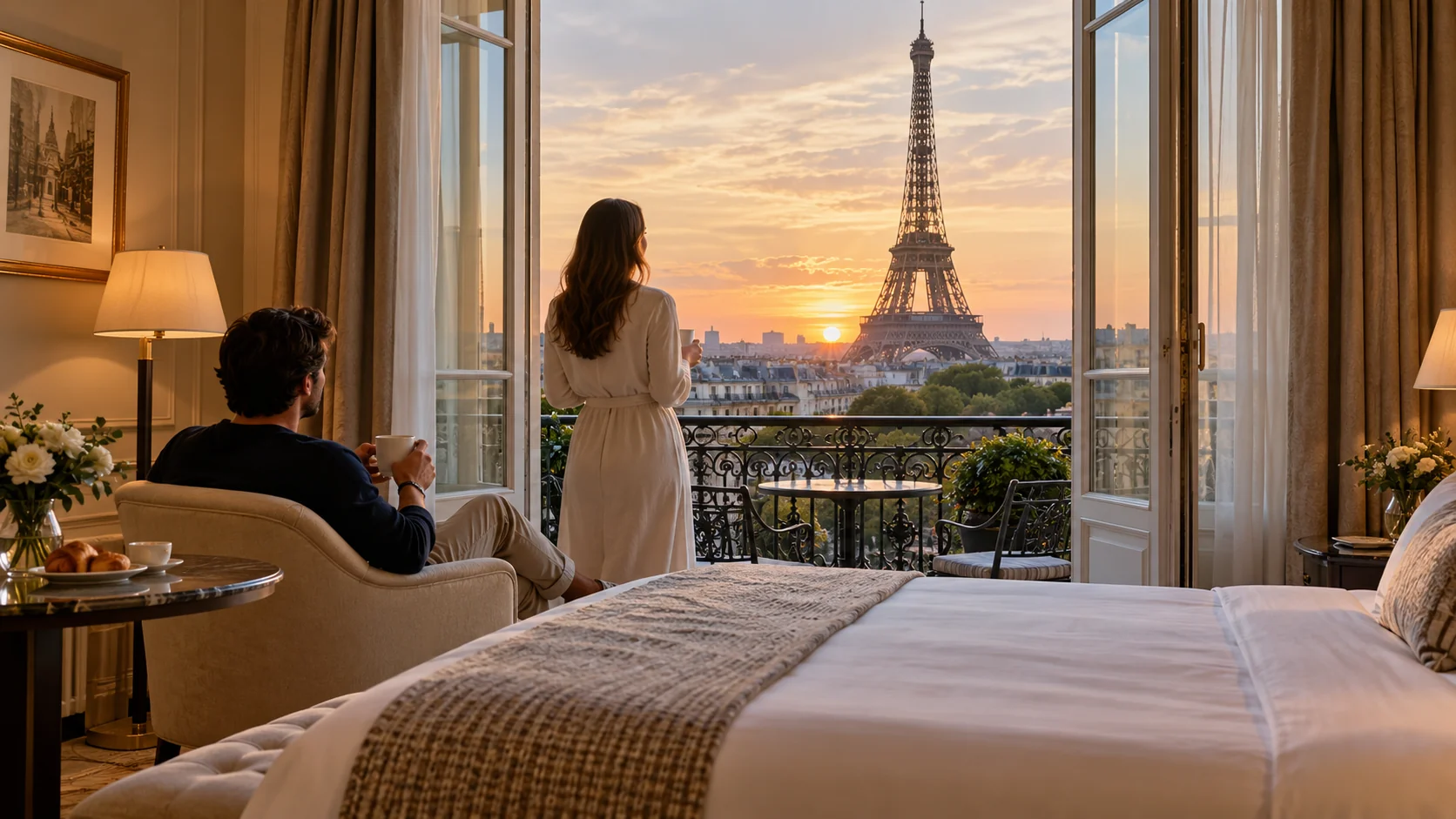 Couple enjoying an Eiffel Tower sunset view from a Paris hotel room with open balcony doors