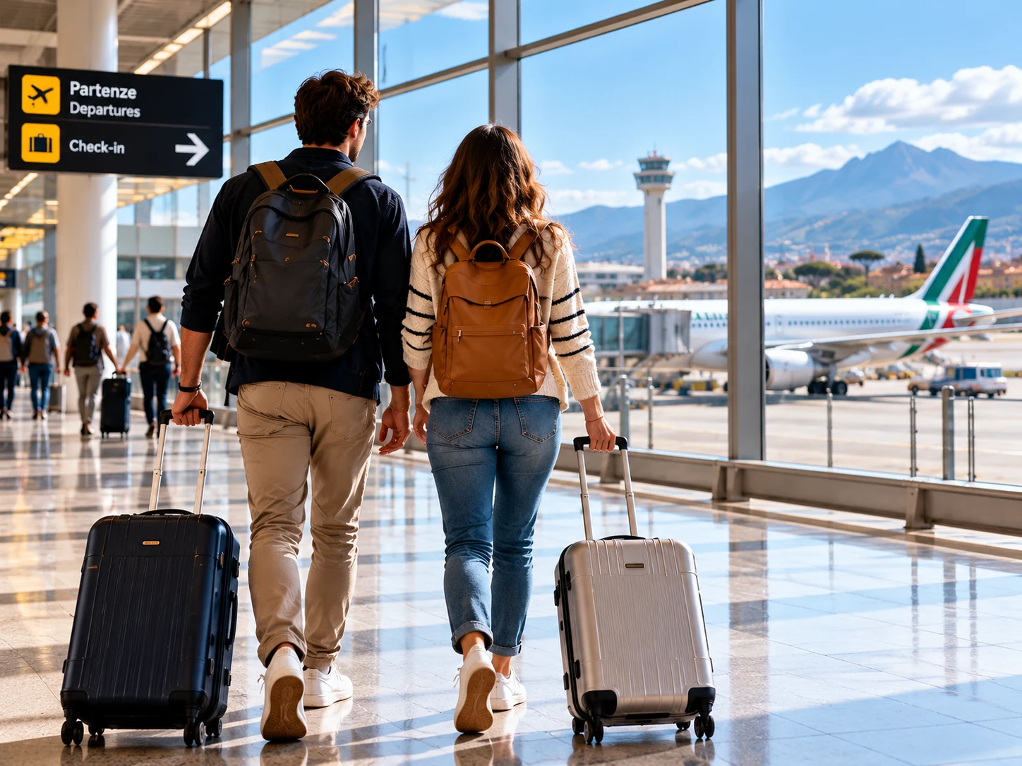 Two travelers with rolling luggage walking through an airport terminal before their Italy trip