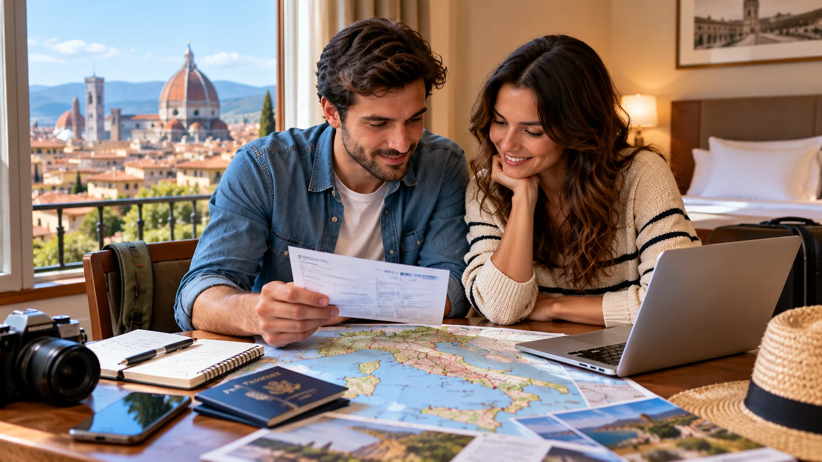 Couple reviewing their Italy itinerary and travel documents with Florence visible outside