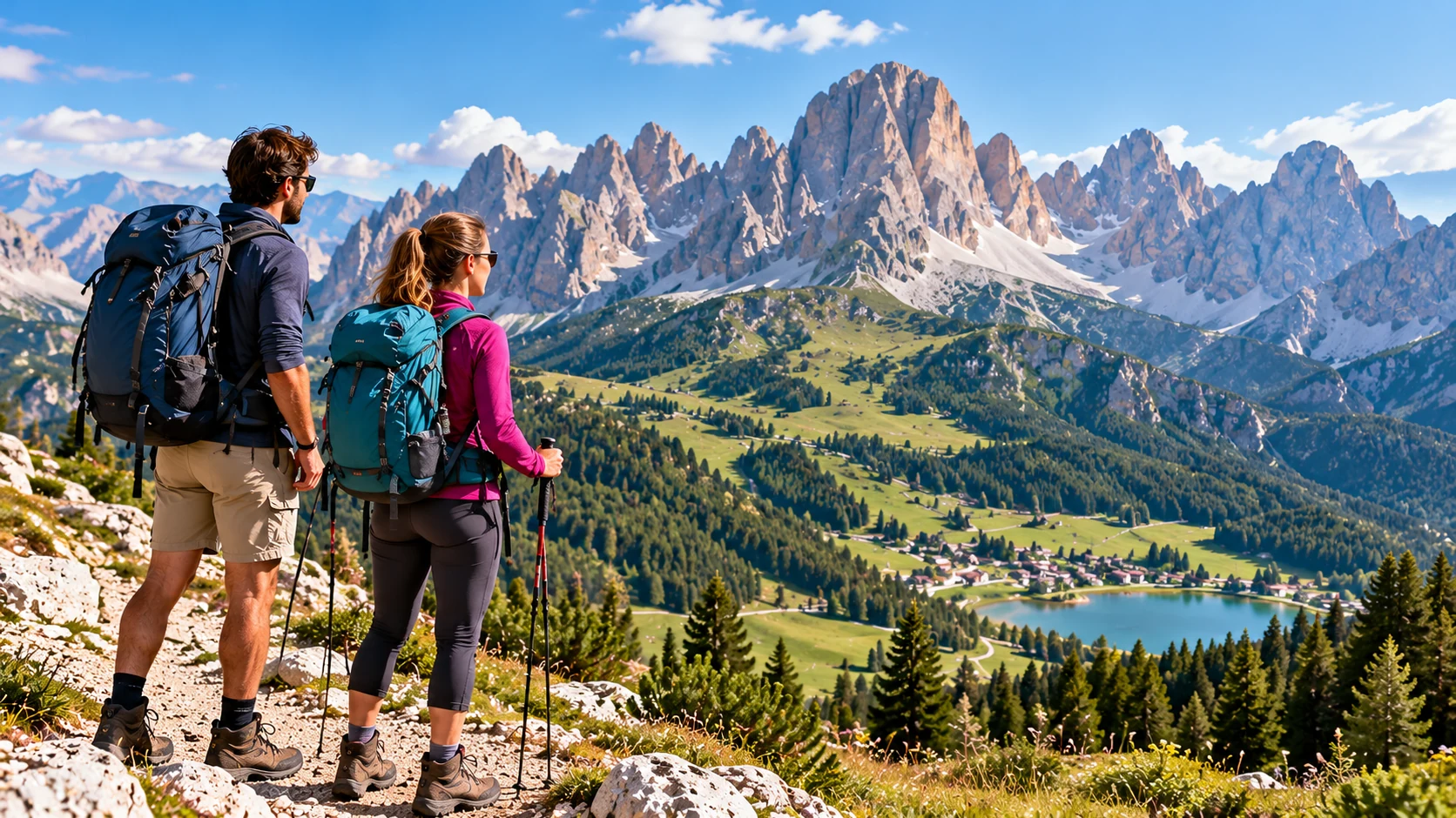 Hikers carrying backpacks and trekking poles overlooking mountains and an alpine lake in the Italian Dolomites