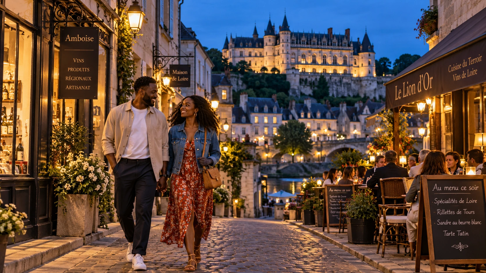 Couple strolling through Amboise at dusk with Château d’Amboise illuminated above the town