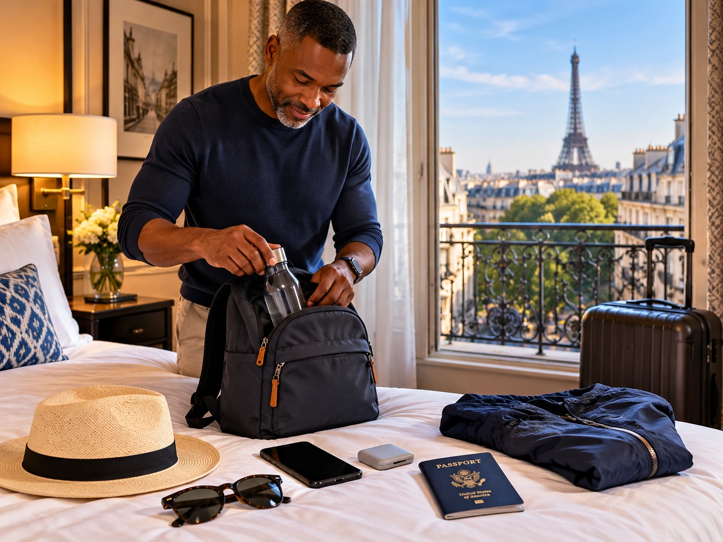 Traveler packing a light day bag in a Paris hotel room before a Loire Valley day trip