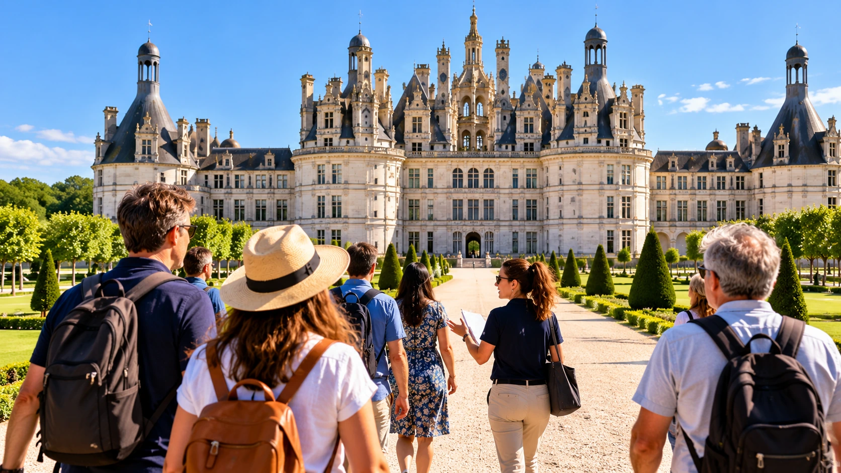 Small guided group approaching a grand Loire Valley château during a day trip from Paris