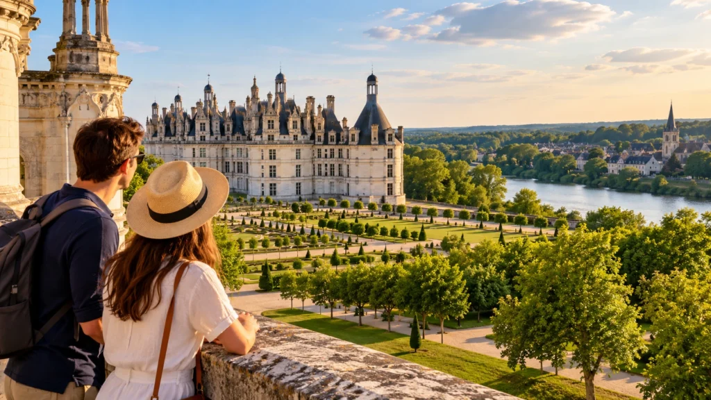 Travelers overlooking a grand Loire Valley château, formal gardens and surrounding countryside.
