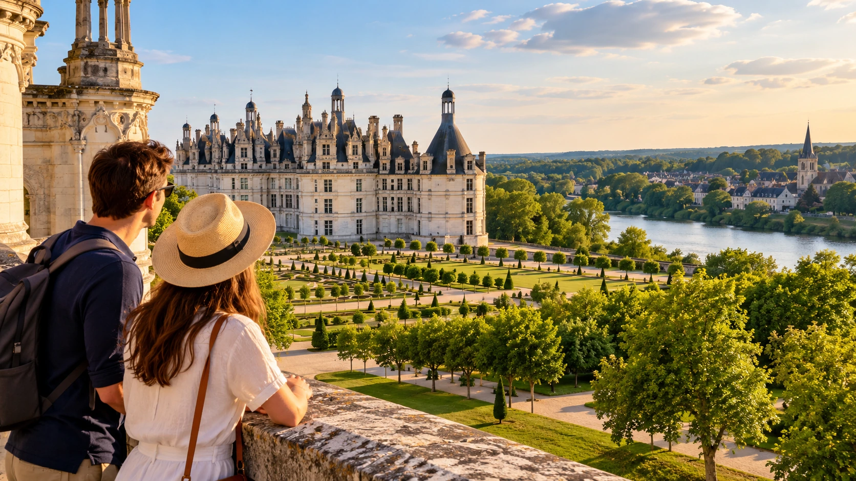 Travelers overlooking a grand Loire Valley château, formal gardens and surrounding countryside