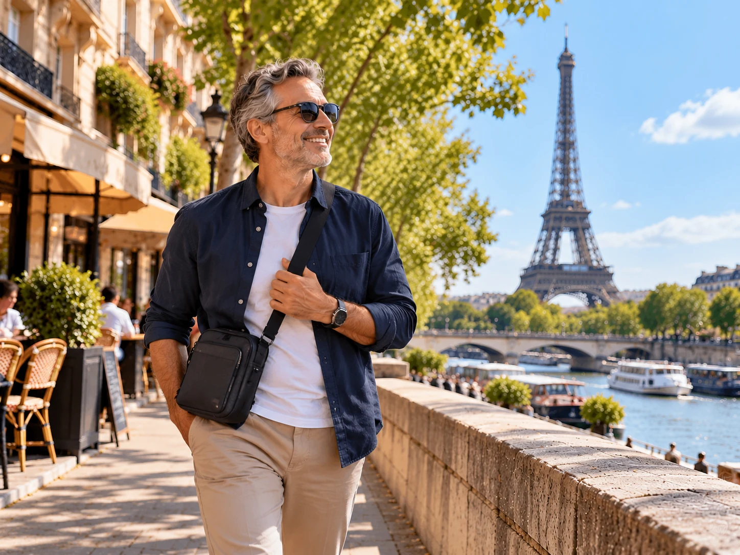 Older male traveler enjoying Paris near the Seine and Eiffel Tower with only a small crossbody bag.