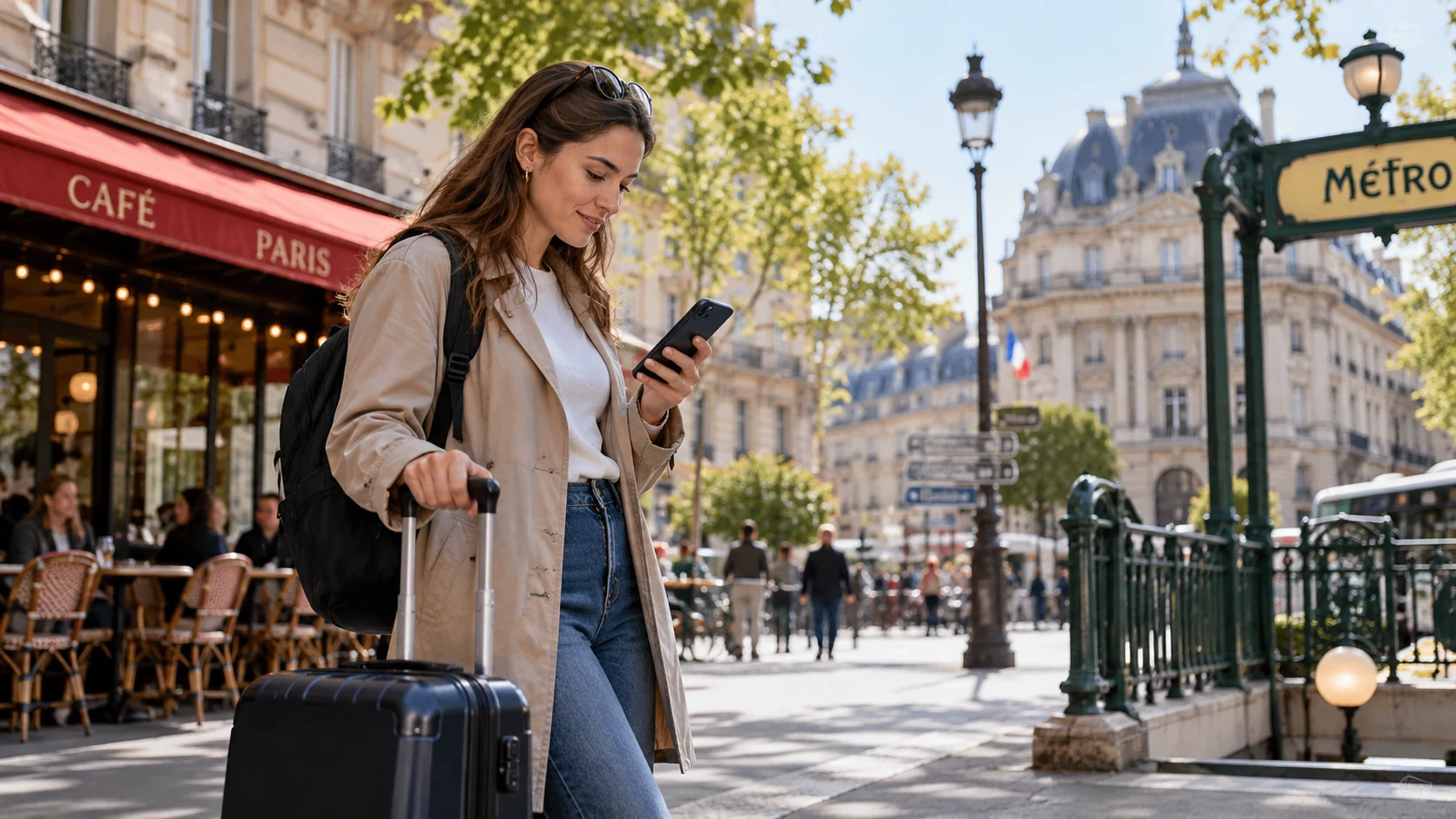 Traveler with a suitcase checking her phone on a Paris street near a cafe and Metro entrance.