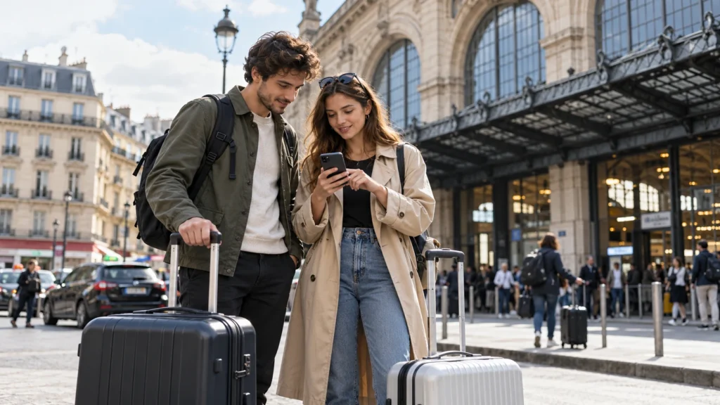 Young couple with suitcases checking a phone outside a Paris train station while looking for luggage storage.