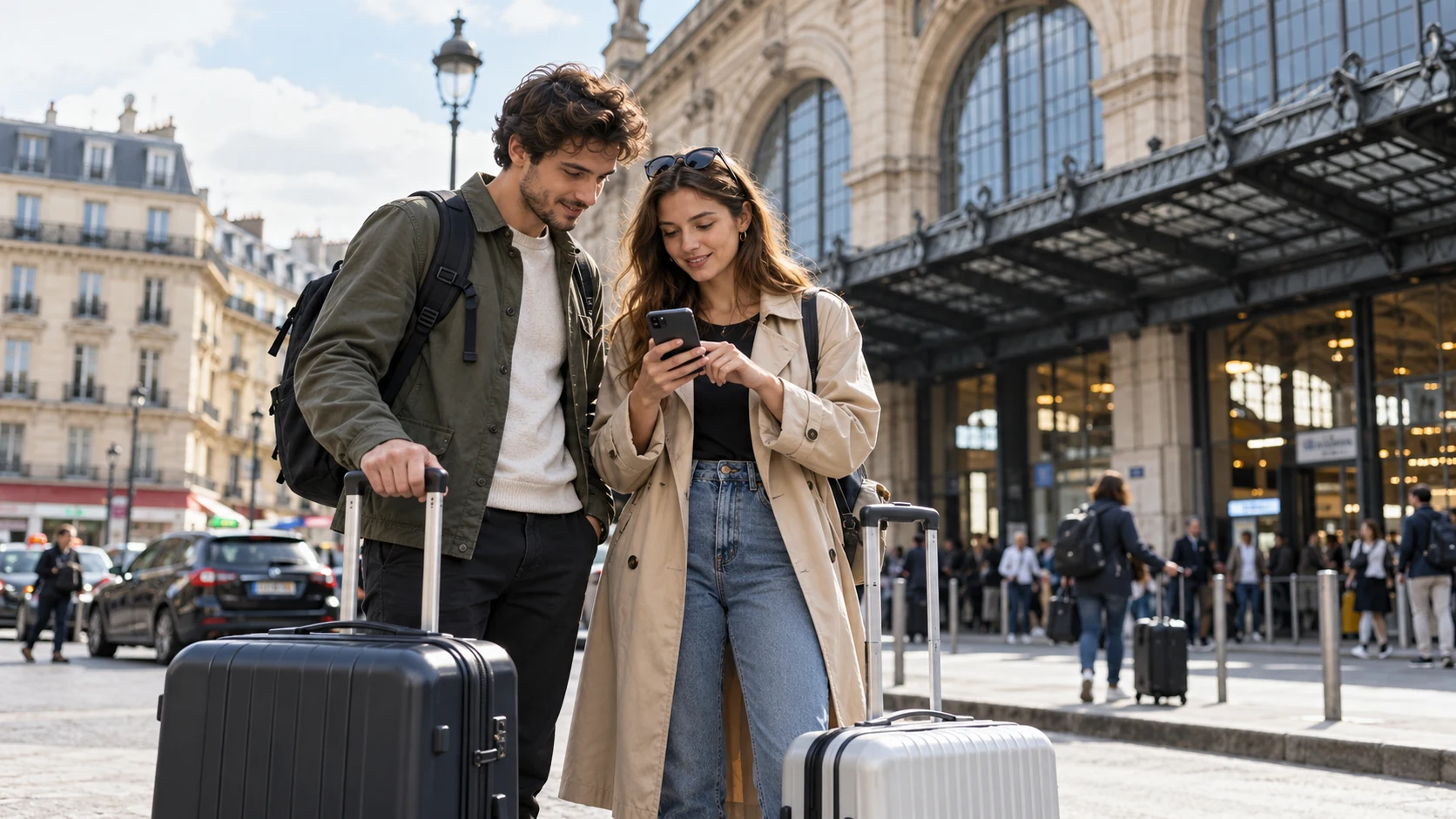 Young couple with suitcases checking a phone outside a Paris train station while looking for luggage storage.