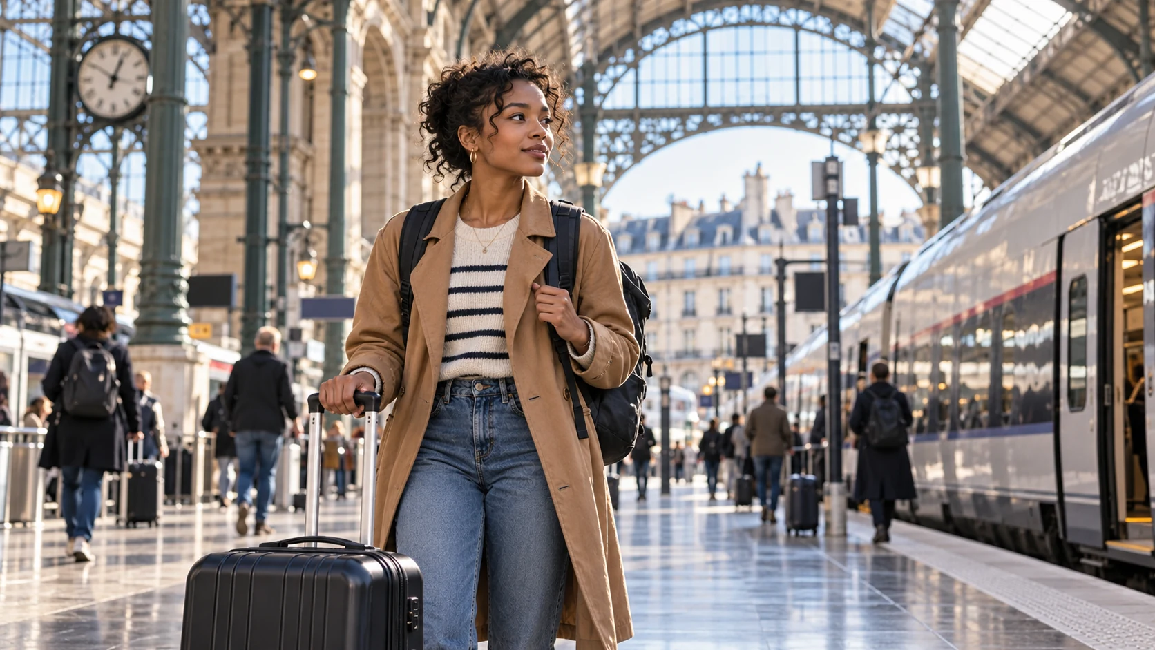 Young traveler with a suitcase and backpack at a Paris train station, representing a short side trip with lighter luggage.