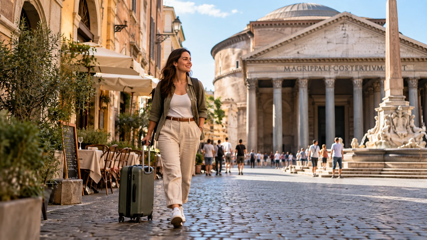 Traveler pulling a suitcase through a cobblestone street near the Pantheon in Rome.