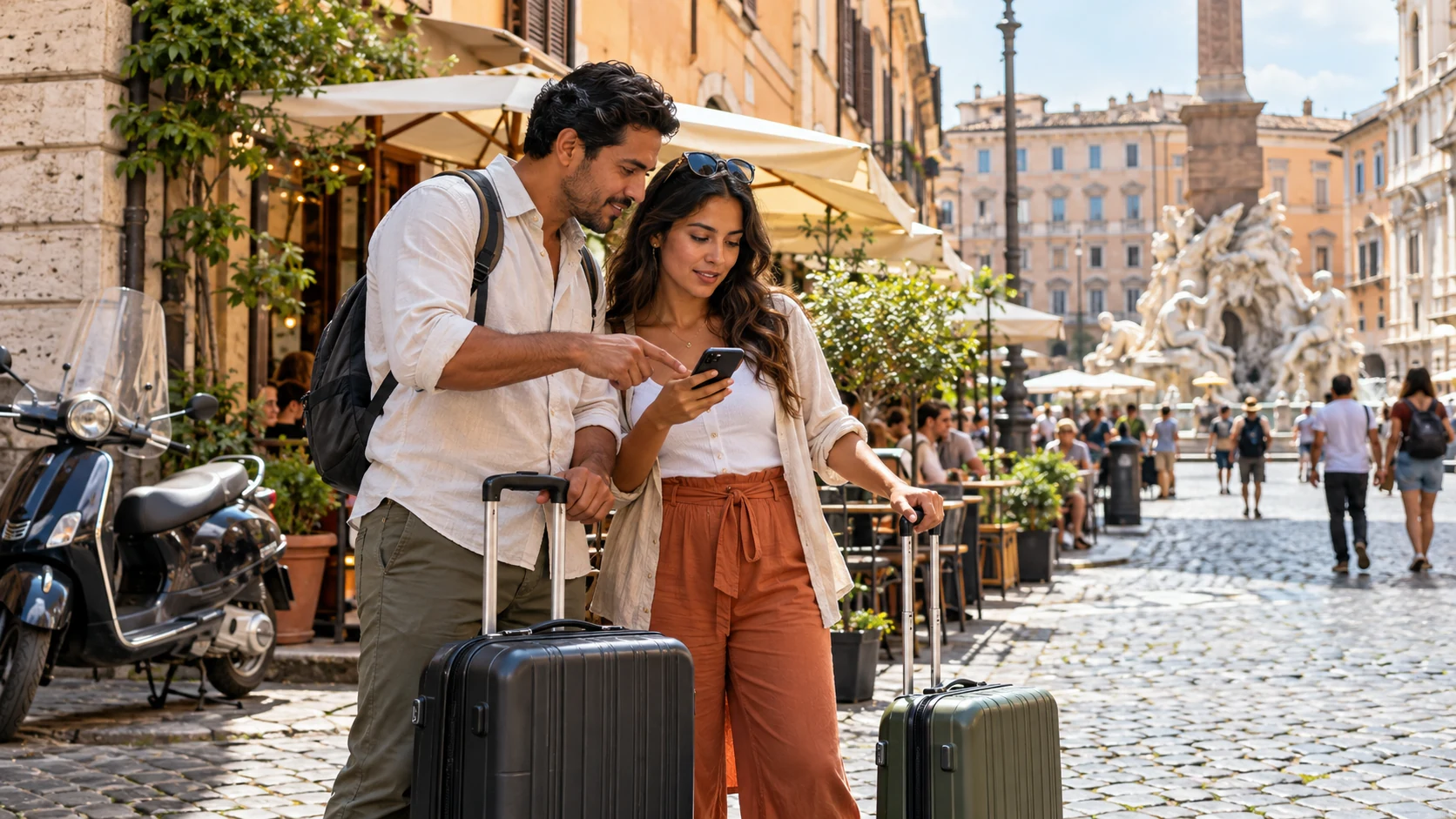 Couple with rolling suitcases checking a phone on a cobblestone street in central Rome.