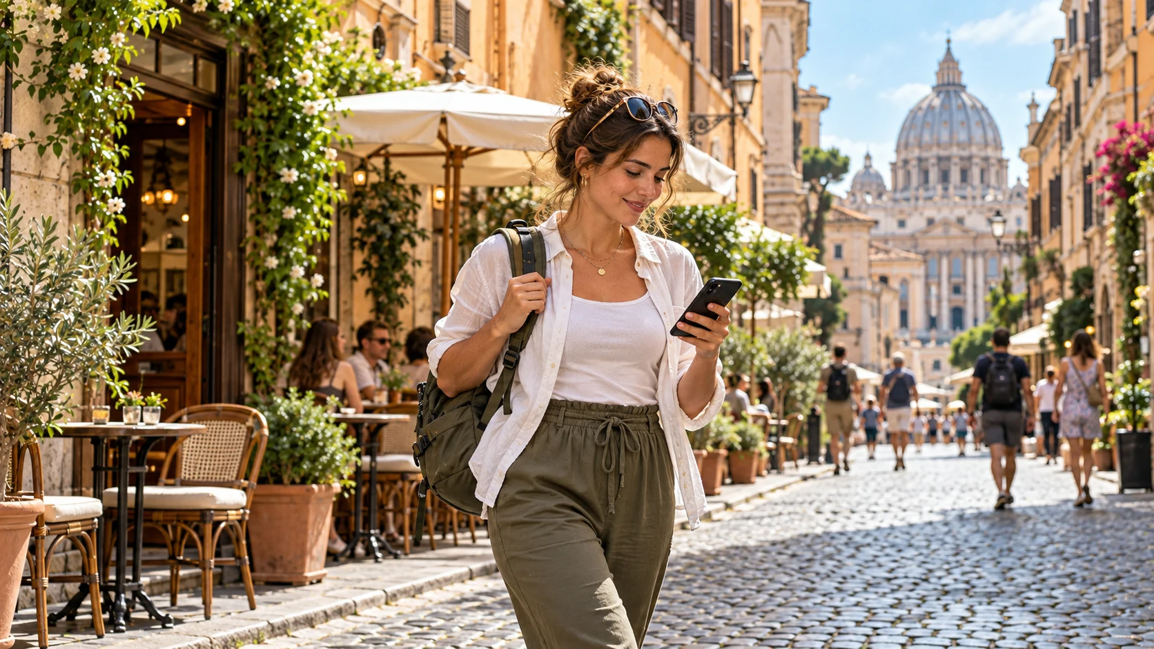 Traveler with a small backpack walking through Rome before a short side trip.