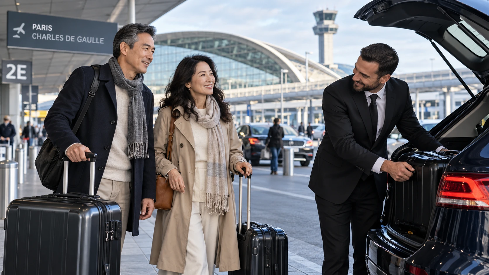 Couple arriving at Paris Charles de Gaulle Airport with luggage as a professional driver loads their bags into a waiting vehicle.