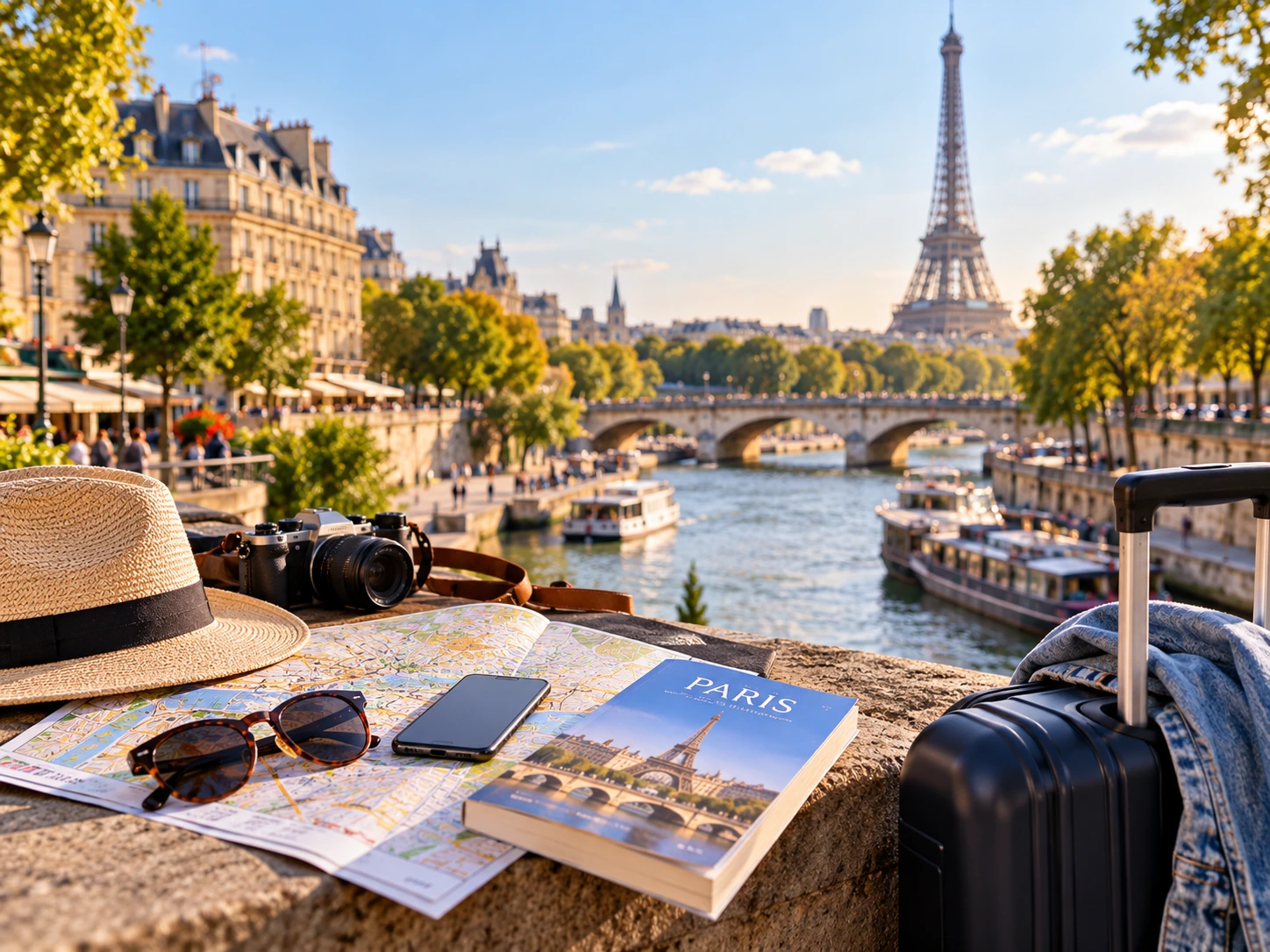 Paris travel essentials arranged beside the Seine with a map, guidebook, camera, phone and suitcase