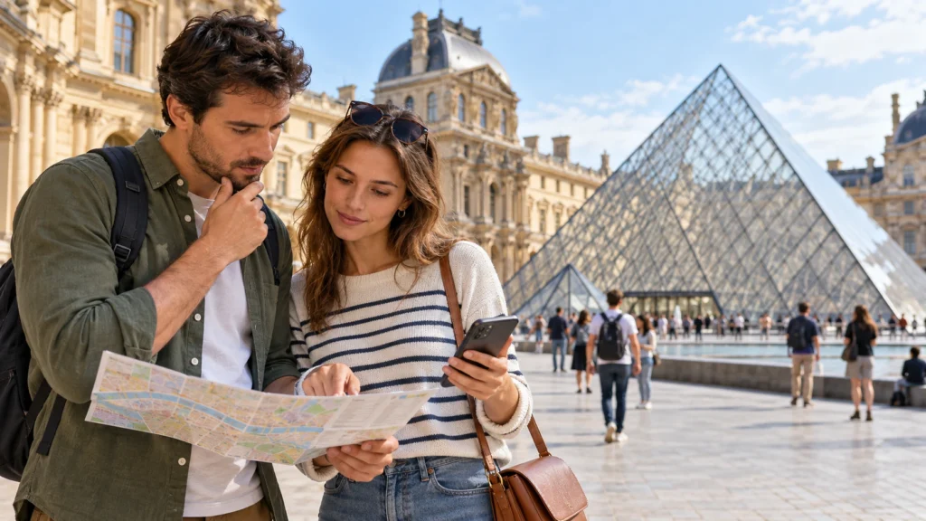 Travelers outside the Louvre reviewing their Paris sightseeing plans before visiting museums and monuments.