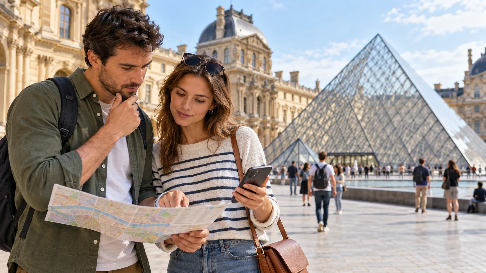 Travelers outside the Louvre reviewing their Paris sightseeing plans before visiting museums and monuments